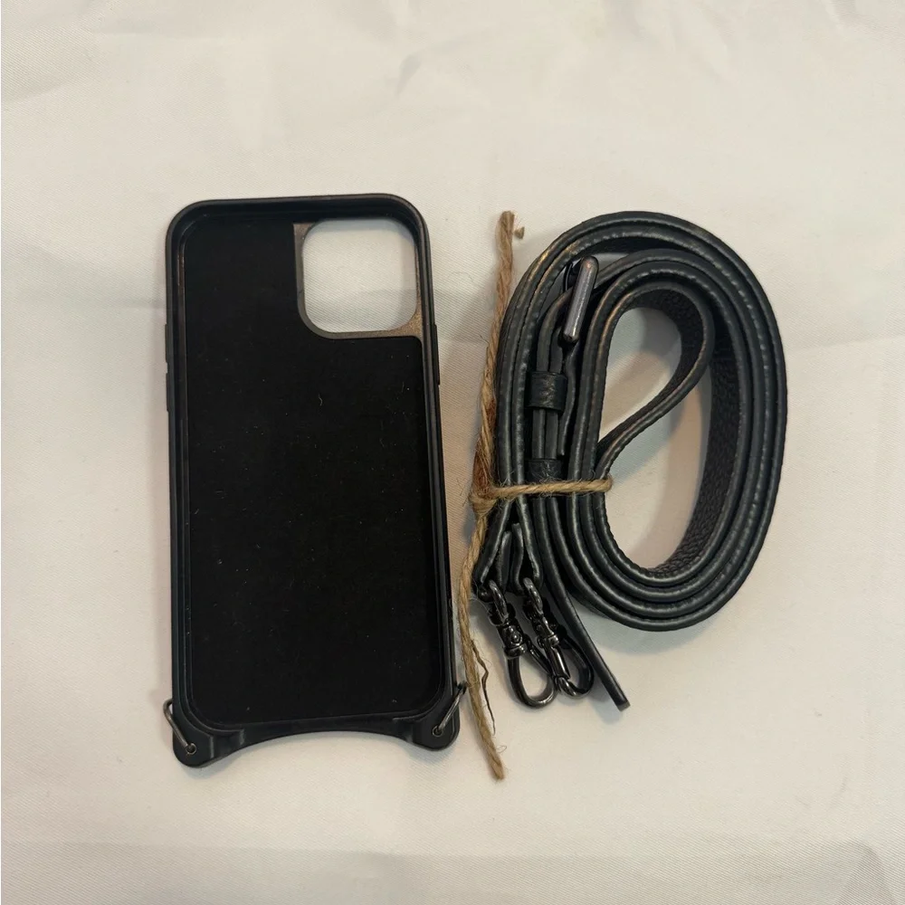 Bandolier Black Pebbled Leather Phone Case with Strap